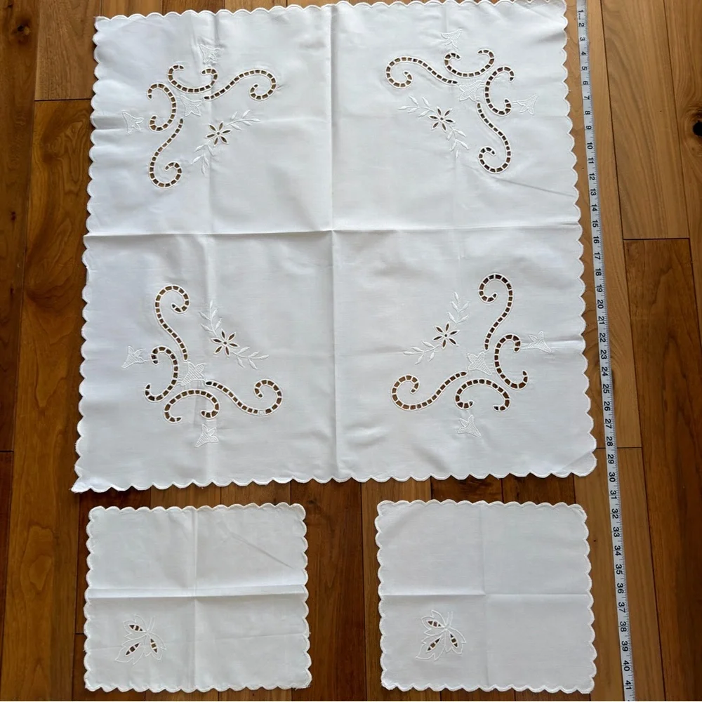 Vintage Hand-Embroidered Cutwork Tablecloth + 2 Napkins – White on White